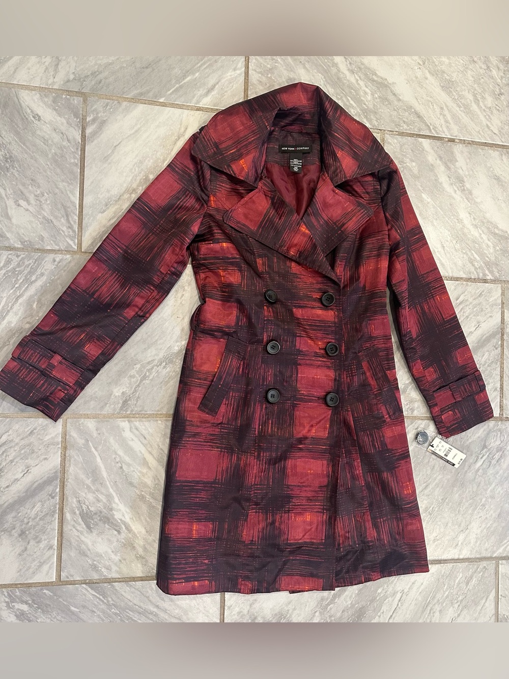 NWT New York & Company Womens Burgundy Black Plaid Trench Coat Button Pockets XS